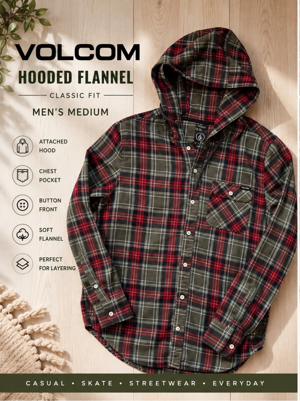 Volcom Plaid Hooded Flannel Shirt Men’s M Green Red Tartan Long Sleeve Classic